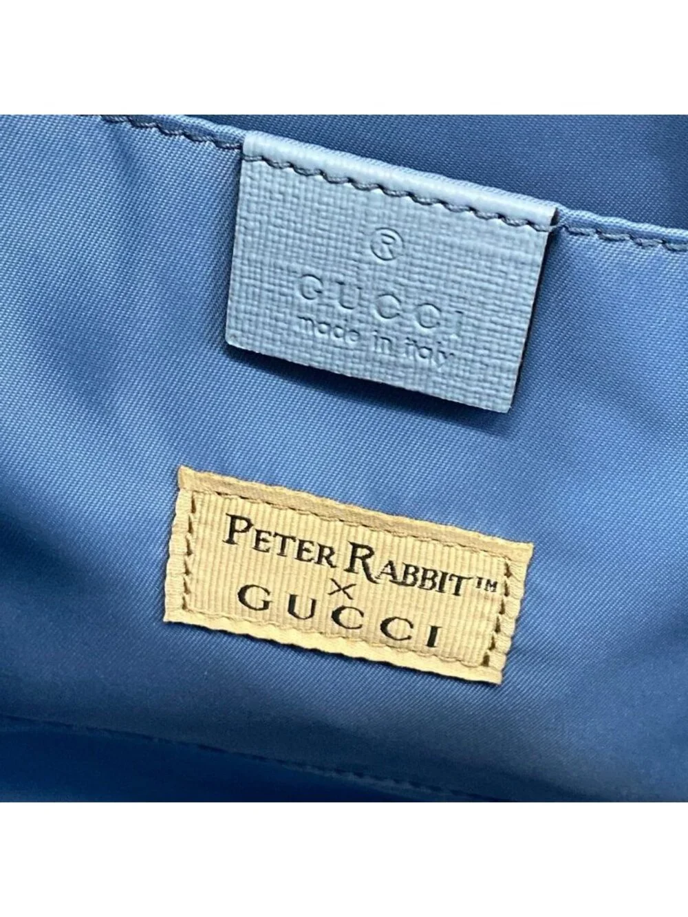 Gucci Tote Children's GG Print Ivory Light Blue Multi Peter Rabbit Leather